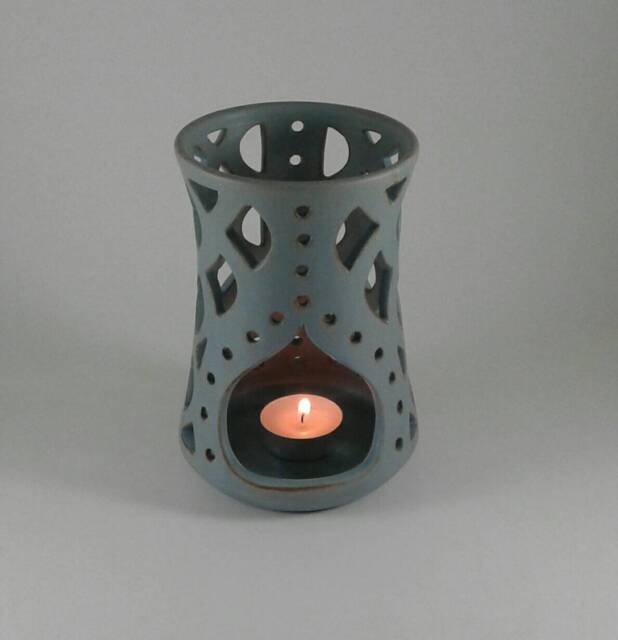 Greek Ceramics - Handmade Ceramic Tealight Lantern Light Blue Earthenware Candle Holder - image 1