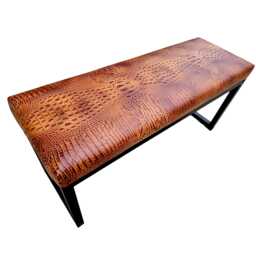 Crocodile Style Genuine Leather Upholstered Bench With Matte Black Steel Frame - B - Fpb