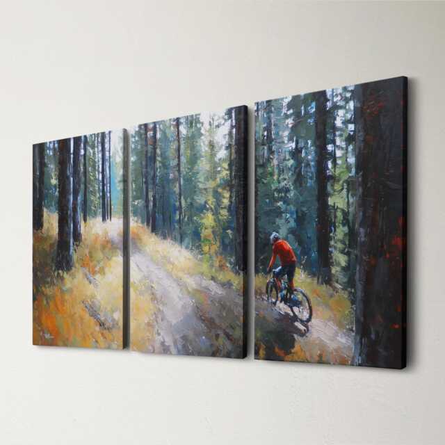 Mountain Biking Pine Forest 3 Panel Split Canvas Wall Art Singletrack Adventure Trail Oil Painting Framed Home Decor Cyclist Gift - image 1