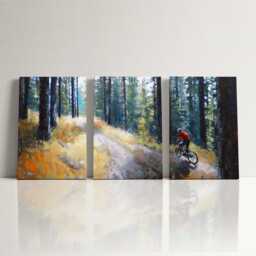 Mountain Biking Pine Forest 3 Panel Split Canvas Wall Art Singletrack Adventure Trail Oil Painting Framed Home Decor Cyclist Gift - thumbnail 3