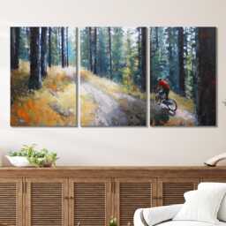Mountain Biking Pine Forest 3 Panel Split Canvas Wall Art Singletrack Adventure Trail Oil Painting Framed Home Decor Cyclist Gift - thumbnail 2