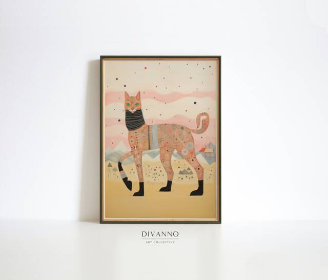 Surreal Cat Art Print, Kitten Poster Painting, Fantasy Wall Art, Modern Digital, Pet Canvas, Retro Printable Gift, Feline Decor - image 1