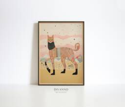 Surreal Cat Art Print, Kitten Poster Painting, Fantasy Wall Art, Modern Digital, Pet Canvas, Retro Printable Gift, Feline Decor - thumbnail 1
