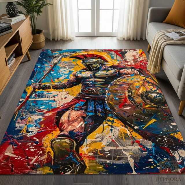 Spartan Warrior Rug - Abstract Graffiti Soldier Tile Mat Decor - image 1
