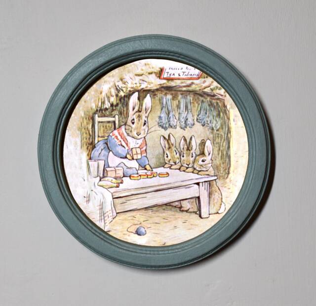 Beatrix Potter Round Wooden Framed Art Print Nursery Picture Wall Hanging Home Decor Plaque Mrs Rabbit's Shop Illustration Duck Egg - image 1