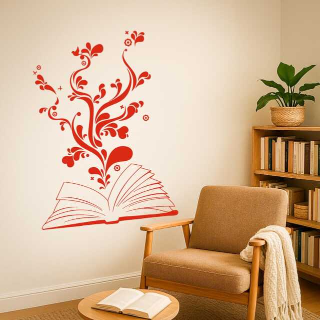 Book & Flower Wall Decal - Vinyl Reading Nook Decor For Bookworms 2345Di - image 1