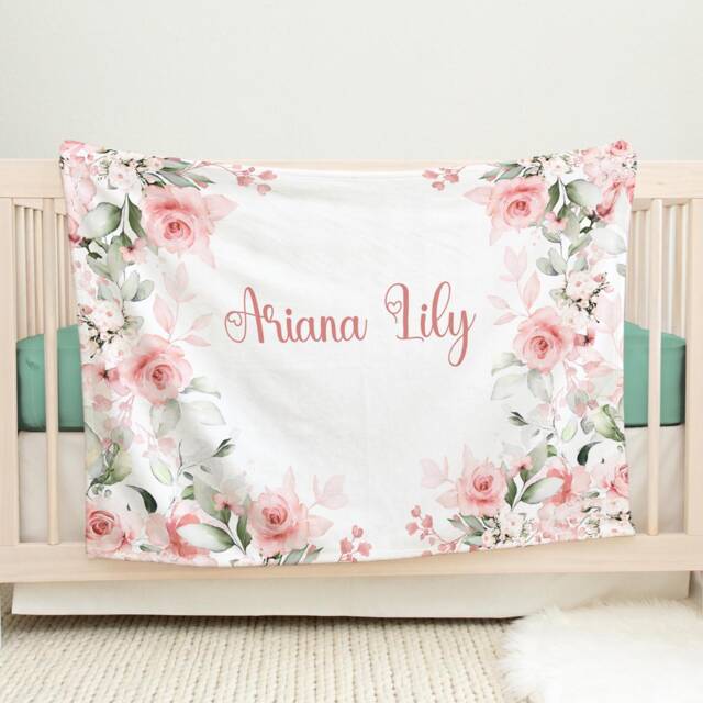 Baby Blanket With Name, Personalized Girl Blanket, Pink Floral Nursery Theme, Shower Gift Pds - image 1