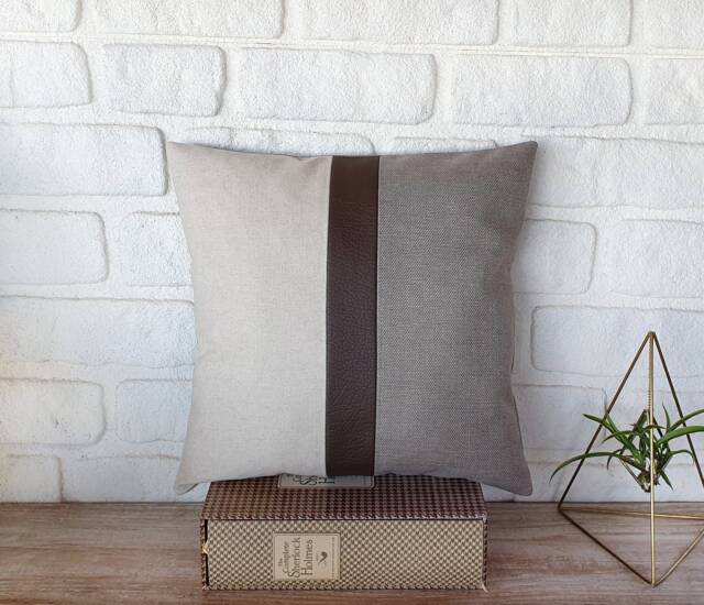 Color Block Linen Pillow Cover Faux Leather Strip, Scandinavian Decor - image 1