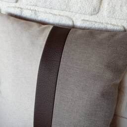 Color Block Linen Pillow Cover Faux Leather Strip, Scandinavian Decor - thumbnail 3