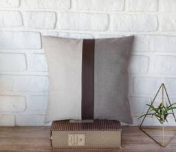 Color Block Linen Pillow Cover Faux Leather Strip, Scandinavian Decor - thumbnail 1