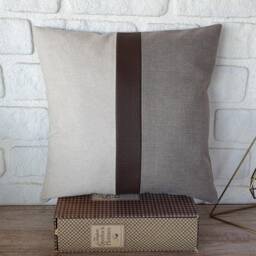 Color Block Linen Pillow Cover Faux Leather Strip, Scandinavian Decor - thumbnail 2