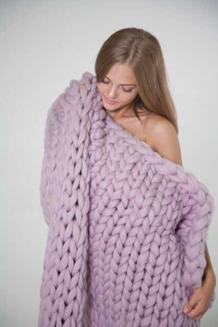 Handmade Chunky Knit Merino Wool Blanket, Giant Afghan, Lilac White - image 1