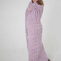 Handmade Chunky Knit Merino Wool Blanket, Giant Afghan, Lilac White - thumbnail 2