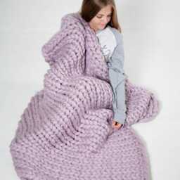Handmade Chunky Knit Merino Wool Blanket, Giant Afghan, Lilac White - thumbnail 3