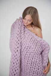 Handmade Chunky Knit Merino Wool Blanket, Giant Afghan, Lilac White - thumbnail 1