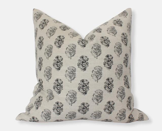 Cream Floral Pillow, Modern Designer Pillows, Charcoal Throw Block Print Pillow Cover, Gray -- Chara - image 1