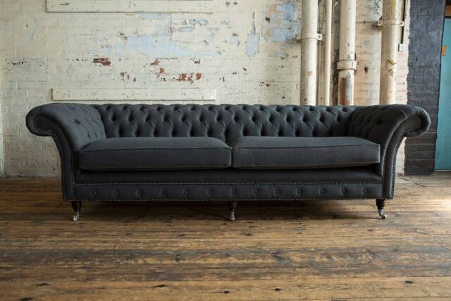 British Handmade Large 4 Seater Charcoal Grey Herringbone Wool Chesterfield Sofa - image 1