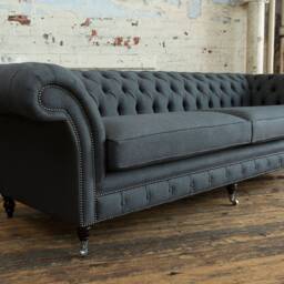 British Handmade Large 4 Seater Charcoal Grey Herringbone Wool Chesterfield Sofa - thumbnail 3
