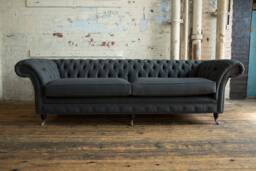 British Handmade Large 4 Seater Charcoal Grey Herringbone Wool Chesterfield Sofa - thumbnail 1