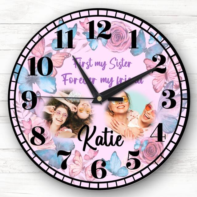 Sister Friend Butterfly Photo Gift Purple Custom Personalised Clock - image 1