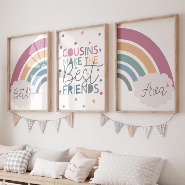 Set Of 3 Playroom Prints, Cousins Make The Best Friends Girls Bedroom, Family Decor, Personalised Rainbow Print, Colourful - image 1
