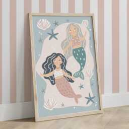Mermaids & Shells Print in Pastel Blue, Unframed Under The Sea Nursery Print, Girl Bedroom Decor - thumbnail 2