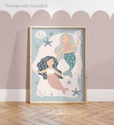 Mermaids & Shells Print in Pastel Blue, Unframed Under The Sea Nursery Print, Girl Bedroom Decor - thumbnail 1