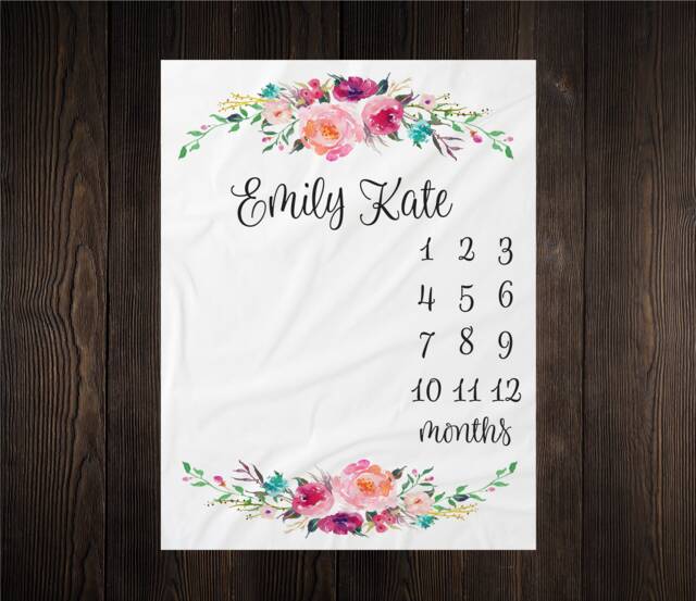 Personalized Baby Blanket Milestone Month Growth Tracker Custom Gift For New Mom Shower Watercolor Floral Newborn - image 1