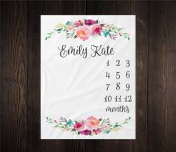 Personalized Baby Blanket Milestone Month Growth Tracker Custom Gift For New Mom Shower Watercolor Floral Newborn - thumbnail 1
