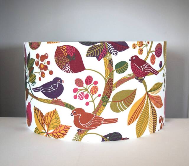 Scandinavian Bird Fabric Lampshade, Gold Lining Option, 30cm To 45cm ?? Woodland Forest Tree Leaf Drum Ceiling Funky Purple Pink Green - image 1