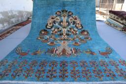 7x10 Blue Pictorial Rug, Afghan Veg Dyes Hand Knotted Wool Area Rug, One Of A Kind Tree Life Bohemian Home Decor, Living Room Carpet - thumbnail 1