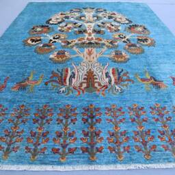 7x10 Blue Pictorial Rug, Afghan Veg Dyes Hand Knotted Wool Area Rug, One Of A Kind Tree Life Bohemian Home Decor, Living Room Carpet - thumbnail 3