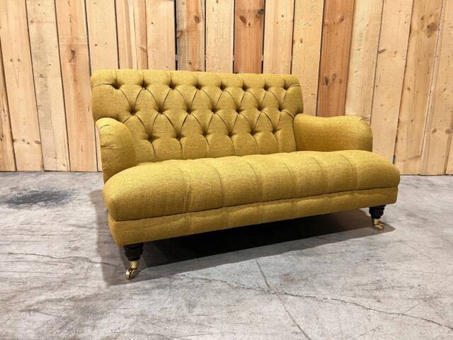 2 Seater Mustard Herringbone Wool Fabric Low Chesterfield Sofa, British Handmade - image 1