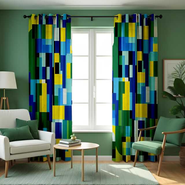 Color Block Curtains, Blue Green Yellow Geometric Drapes, Modern Abstract Made To Measure Curtain Panels, Bold Artistic Window Treatment - image 1