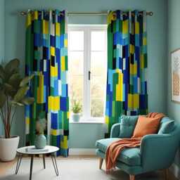 Color Block Curtains, Blue Green Yellow Geometric Drapes, Modern Abstract Made To Measure Curtain Panels, Bold Artistic Window Treatment - thumbnail 3