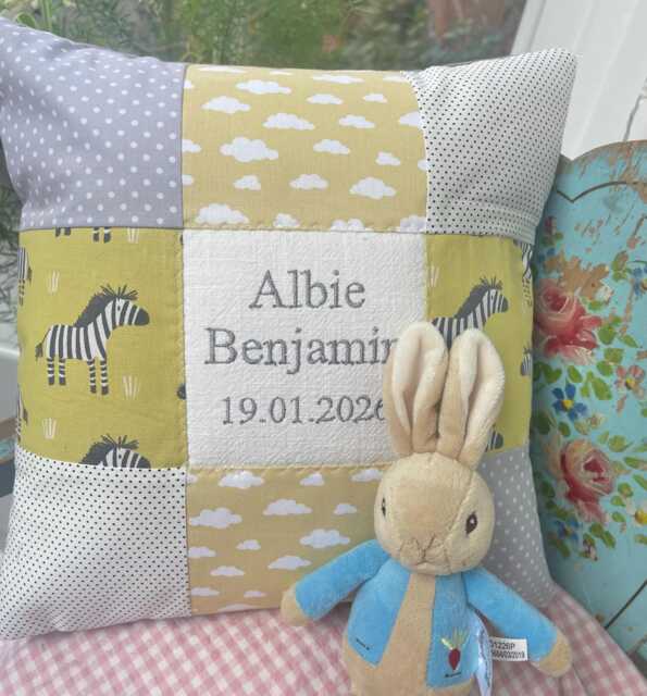 Zebra Name Cushion-Clouds Birthday Cushion Yellow, Safari Nursery -Birthday Cushion, Clouds Decor, Baby Cushion-Zebra - image 1