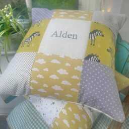 Zebra Name Cushion-Clouds Birthday Cushion Yellow, Safari Nursery -Birthday Cushion, Clouds Decor, Baby Cushion-Zebra - thumbnail 3