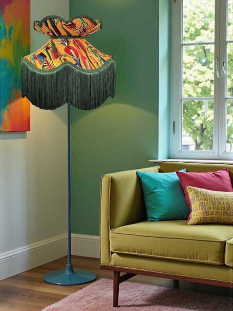 Handmade Ochre Velvet Lampshade Botanical Print, Green Fringe - image 1