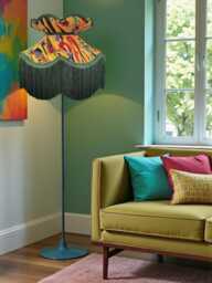 Handmade Ochre Velvet Lampshade Botanical Print, Green Fringe - thumbnail 1