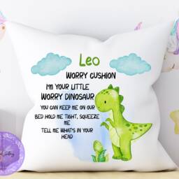 Personalised Dinosaur Worry Cushion, Bad Dreams, Anxiety Calmer Gift Pillow, Dream Catcher, Cuddle Pillow Gifts, For Kids - thumbnail 2