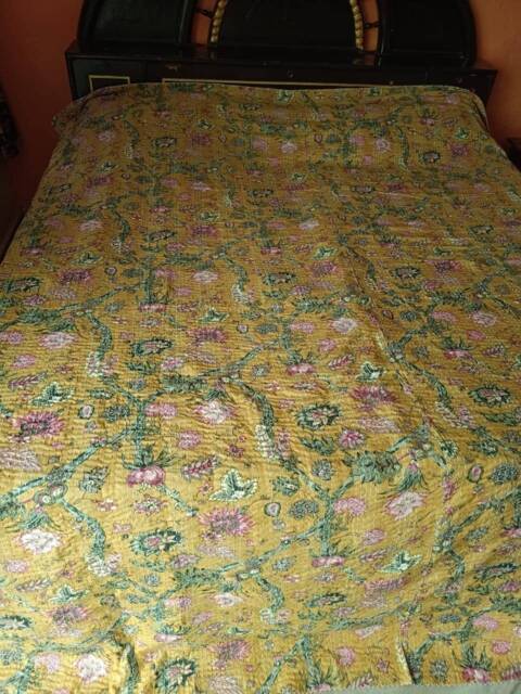 New Indian Handmade Floral Kantha Quilt Gudri, Bedspread, Bedcover Coverlet Blanket Size Queen - image 1