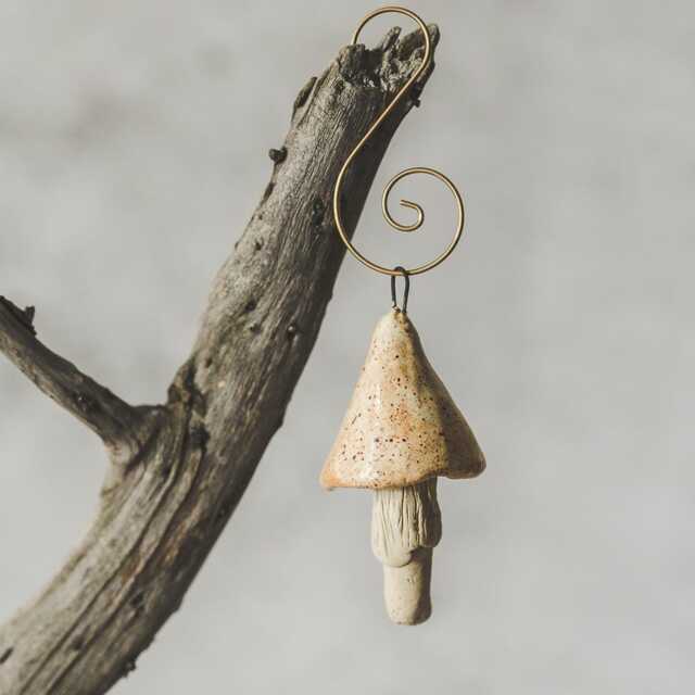 Yellowish Mushroom Christmas Ornament - Handmade Ceramic Tree Decor - image 1