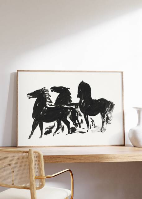 Minimalist Three Black Horses Print, Leo Gestel Art, Retro Monochrome Graphic, Antique Watercolor, Classic Drawing, Digital Printable - image 1