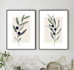 Pair Of Beige & Sage Green Olive Branch Simple Kitchen Decor Prints Wall Art Home Decor Poster Lounge Kitchen Hallway Bedroom - thumbnail 1