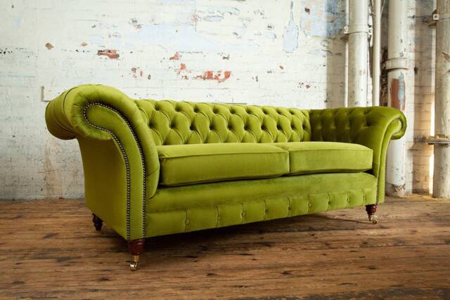 3 Seater Green Velvet Fabric Chesterfield Sofa, British Handmade - image 1
