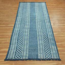 Indigo Blue Cotton Runner Rug, Hand Block Printed Dabu Design