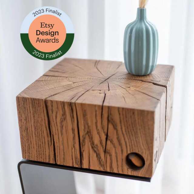 Oak Nightstand With Metal Base, Etsy Design Awards Finalist - Real Acorn Detail - image 1