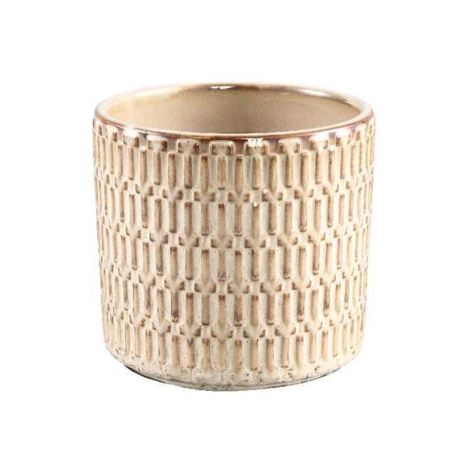 Cream Tenzin Plant Pot - Rustic Block Design, Round Glazed Ceramic Planter