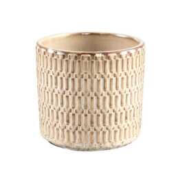 Cream Tenzin Plant Pot - Rustic Block Design, Round Glazed Ceramic Planter