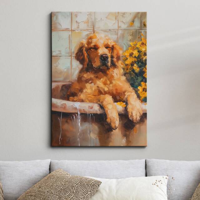 Golden Retriever Bathtub Dog Bathroom Painting Framed Poster Print Or Canvas Wall Decor Art Bedroom Home Interior Gift For Lover - image 1